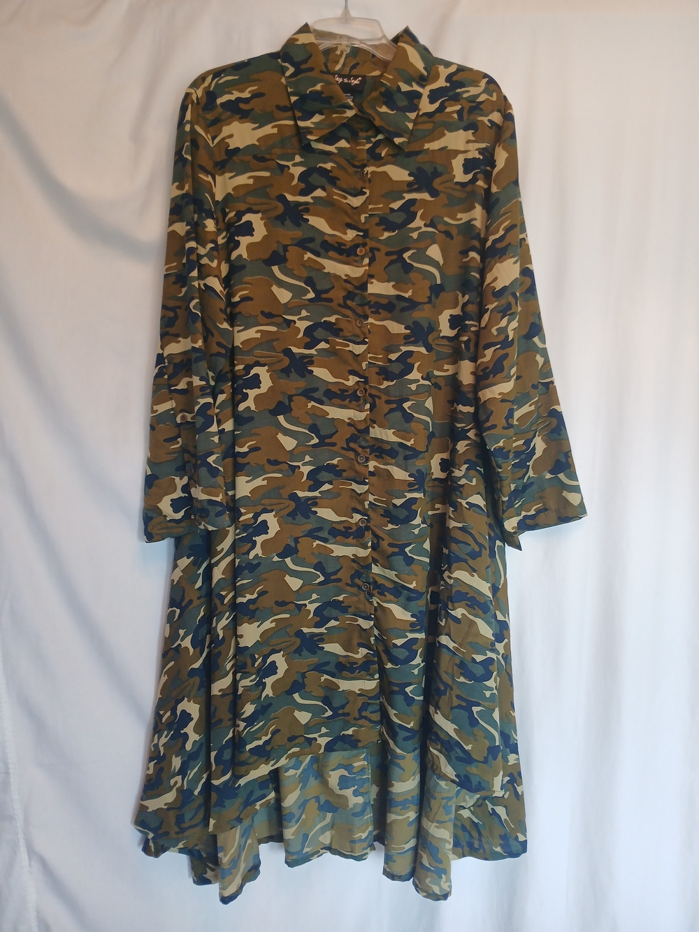 Camo Asymmetric Button Front High Low Flowy Long Sleeve Shirt Dress PLUS/OS
